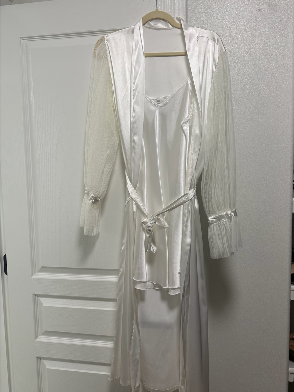 Amazon White Satin Robe & Slip Set with Pleated Chiffon Sleeves